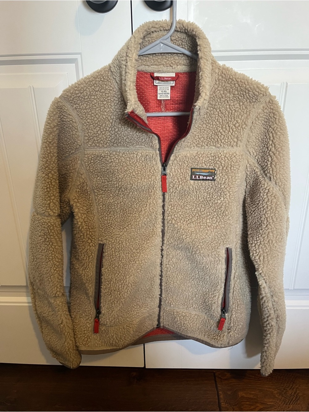 L.L. Bean Men’s Beige Sherpa Fleece Jacket with Red Trim